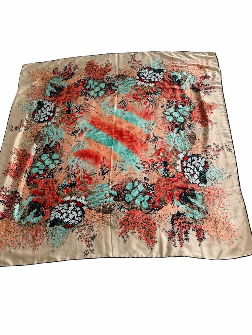 Arnisa Istanbul Vintage Floral Scarf Coral Teal Peach 35” Square